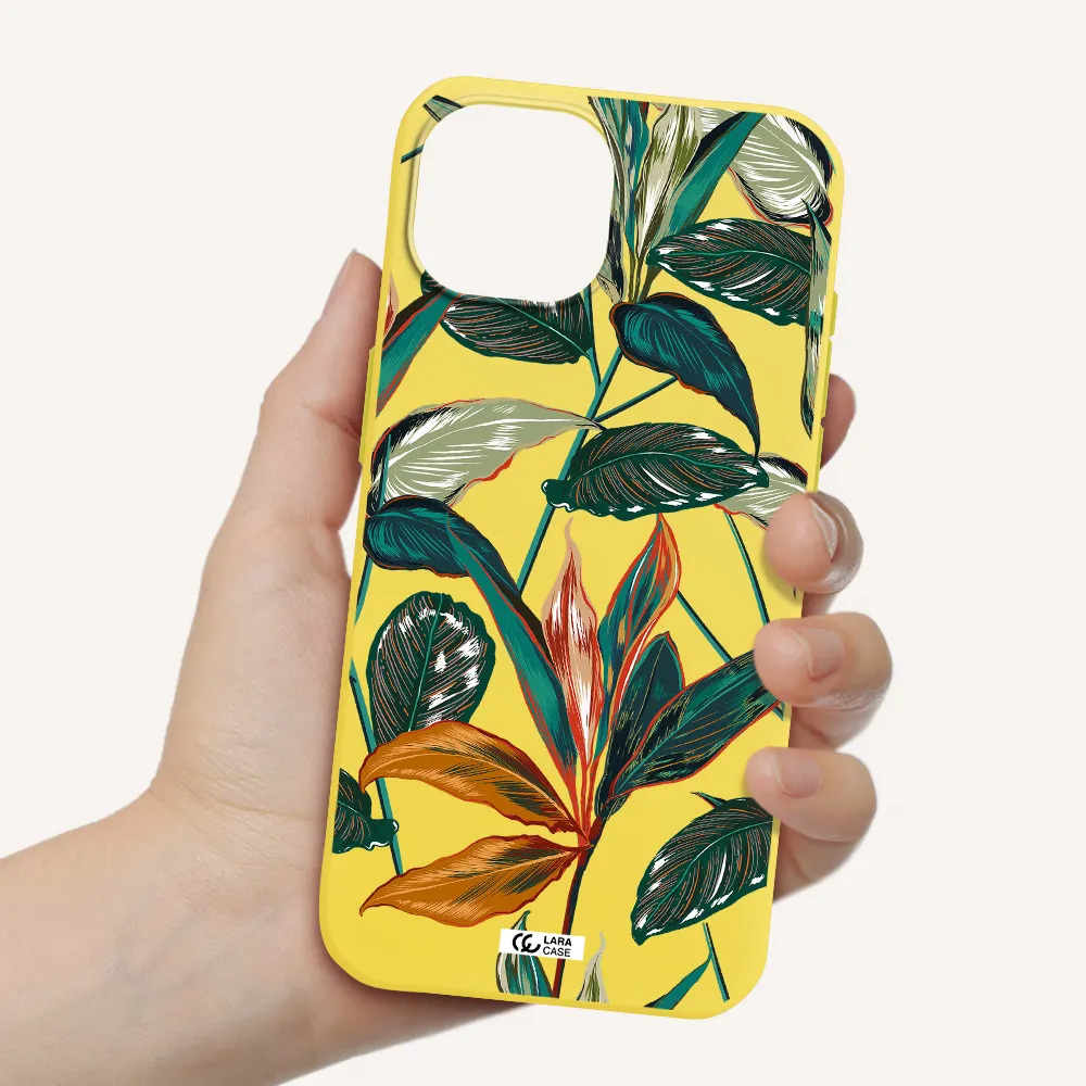 Colorful Tropical Leaves Apple iPhone 15 Silicone canary yellow Case