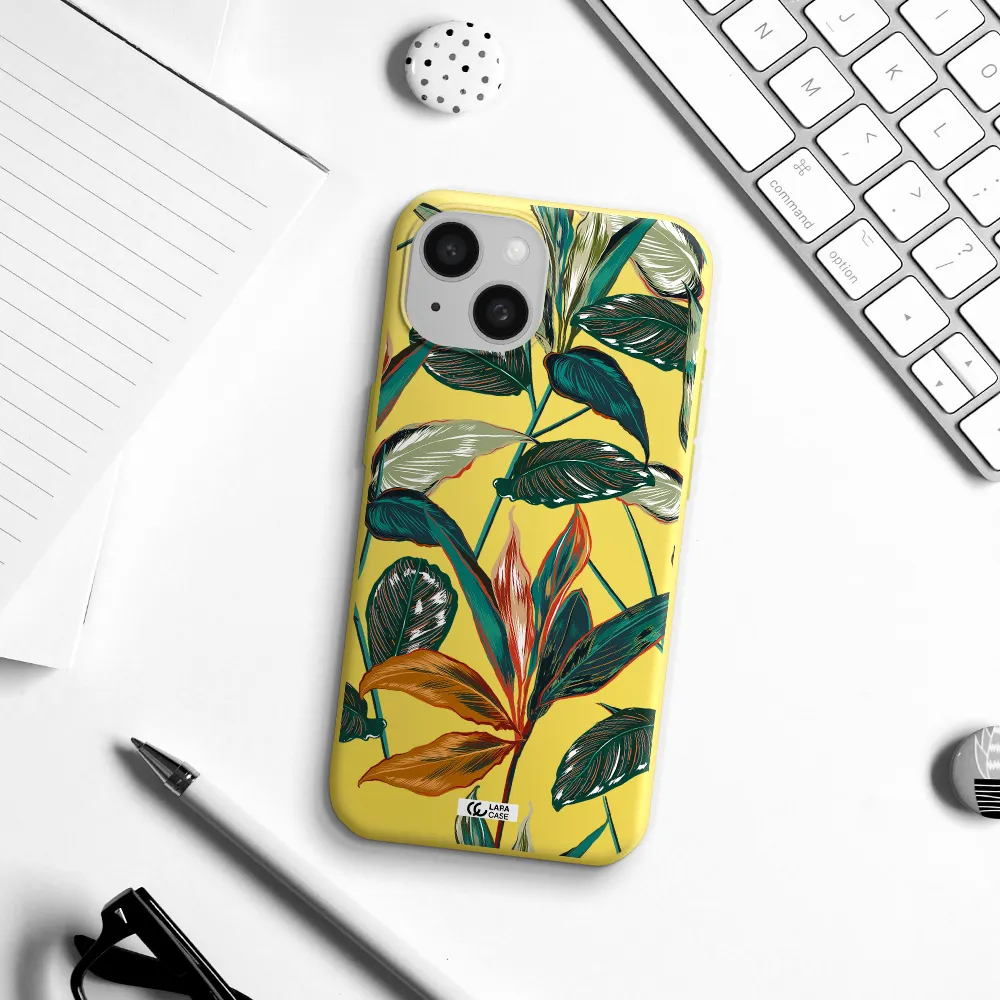 Colorful Tropical Leaves Apple iPhone 15 Silicone canary yellow Case
