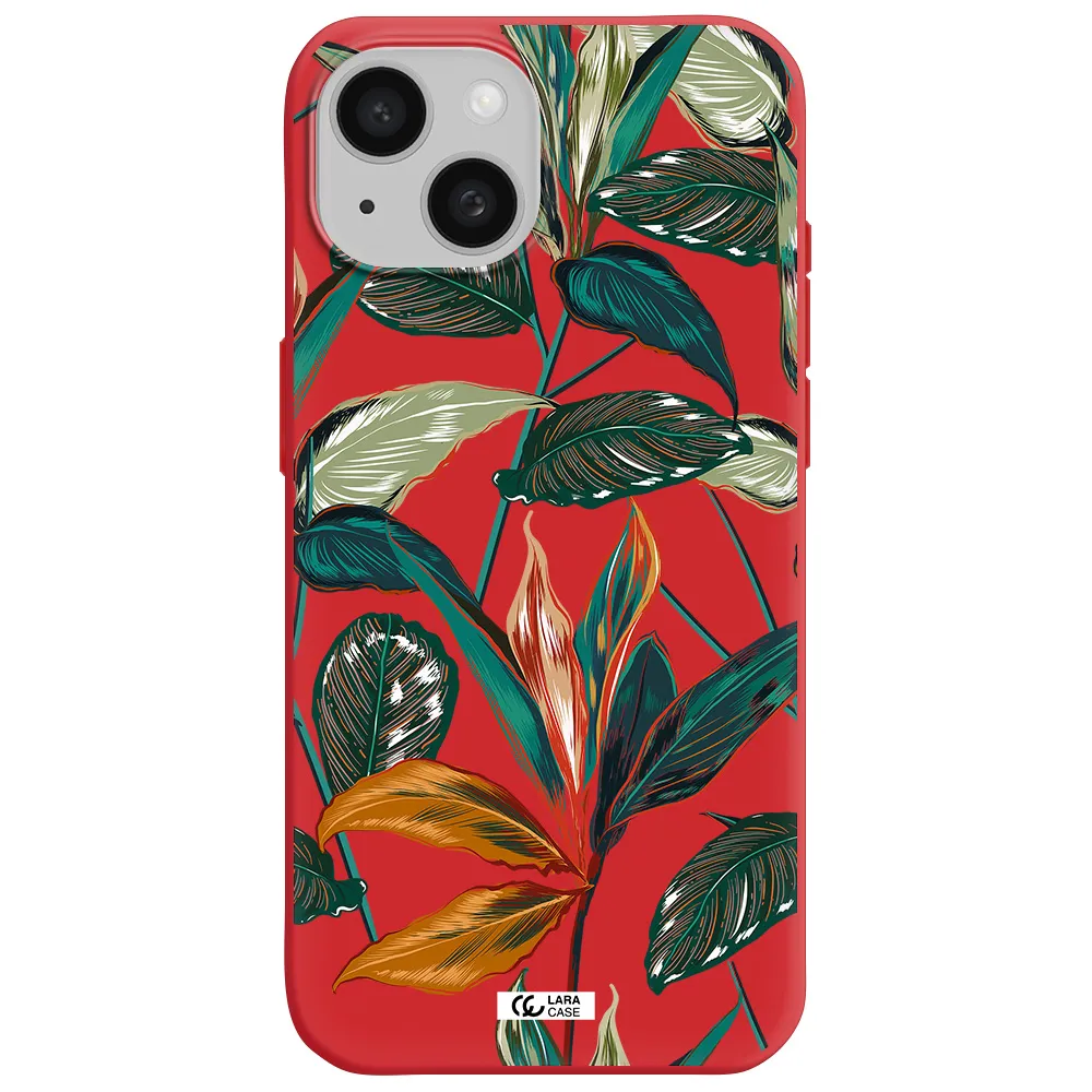Colorful Tropical Leaves Apple Iphone 15 Silicone Imperial Red Case