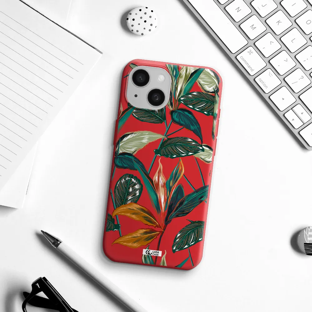 Colorful Tropical Leaves Apple Iphone 15 Silicone Imperial Red Case