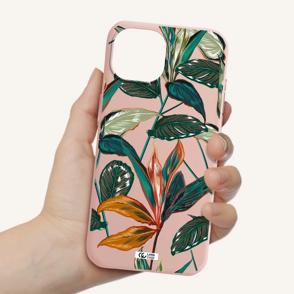 Colorful Tropical Leaves Apple Iphone 15 Silicone Pastel Pink Case