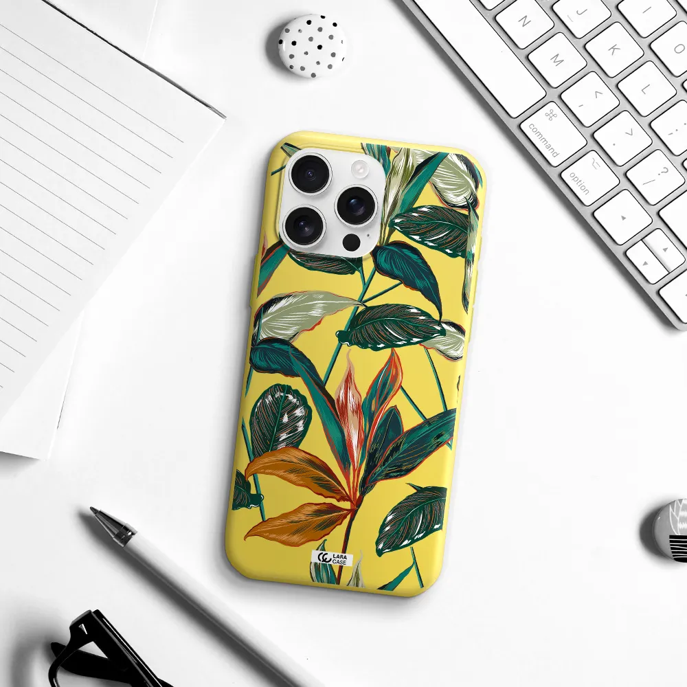 Colorful Tropical Leaves Apple Iphone 16 Pro Max Silicone Canary Yellow Case