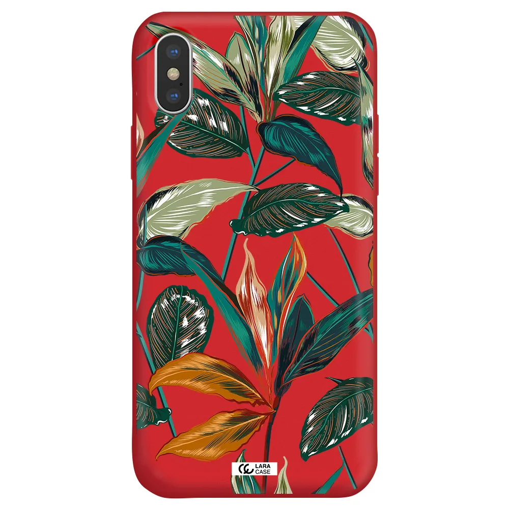 Colorful Tropical Leaves Apple iPhone XS Silicone Imperial Red Case