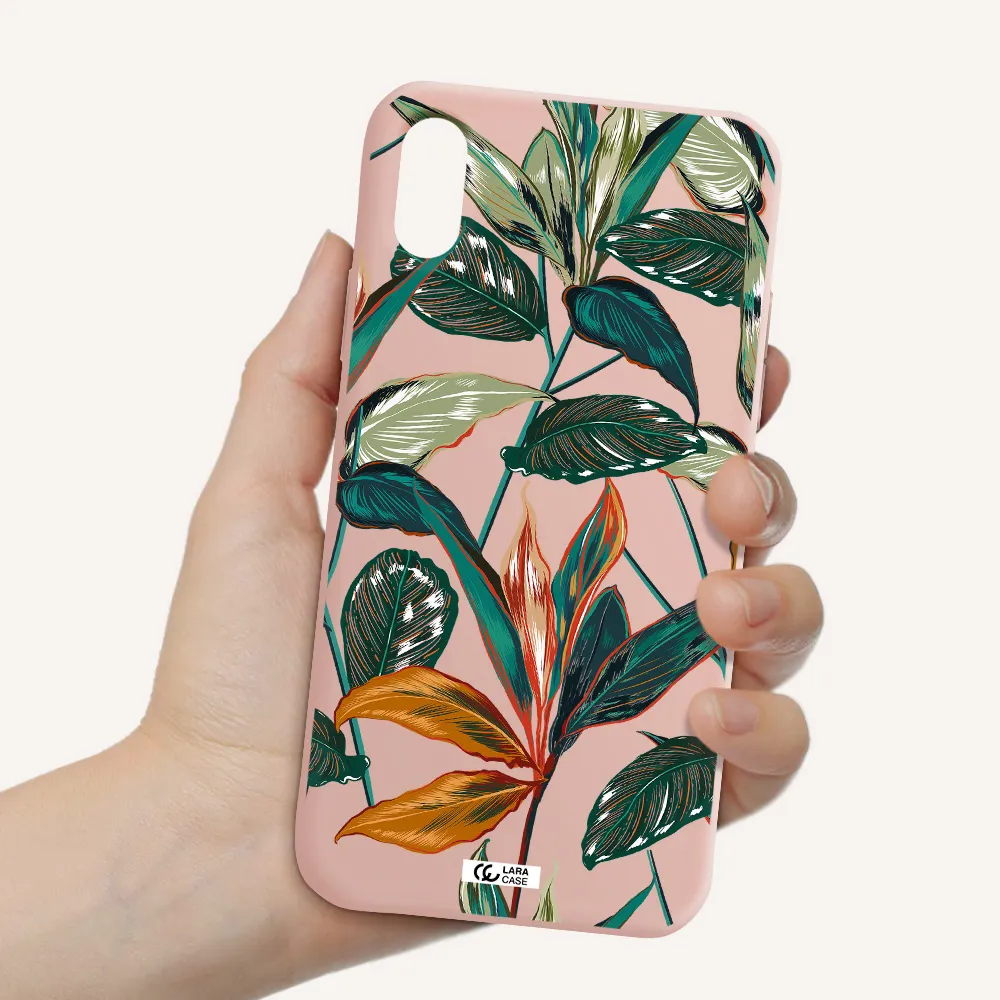 Colorful Tropical Leaves Apple iPhone XS Silicone pastel pink Case