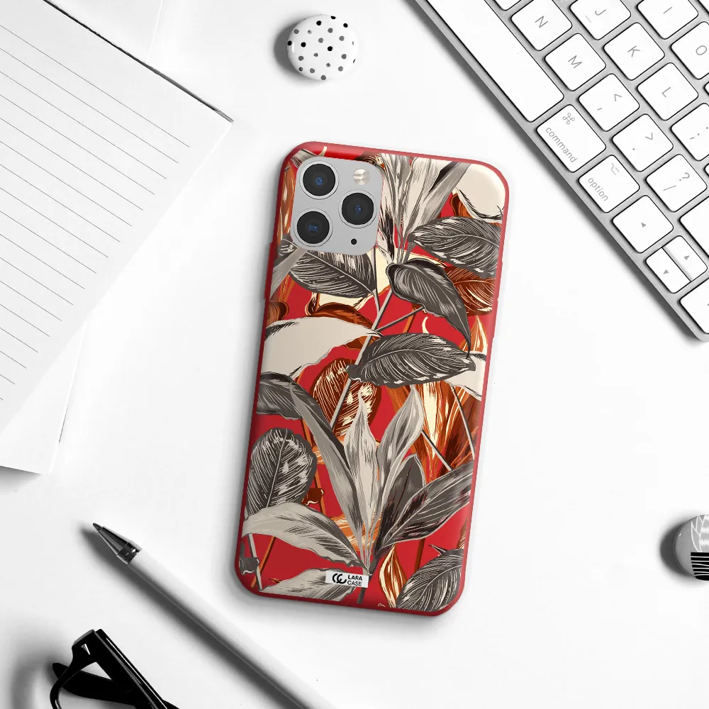 Brown Tropical Leaves Apple iPhone 11 pro max Silicone Imperial Red Case