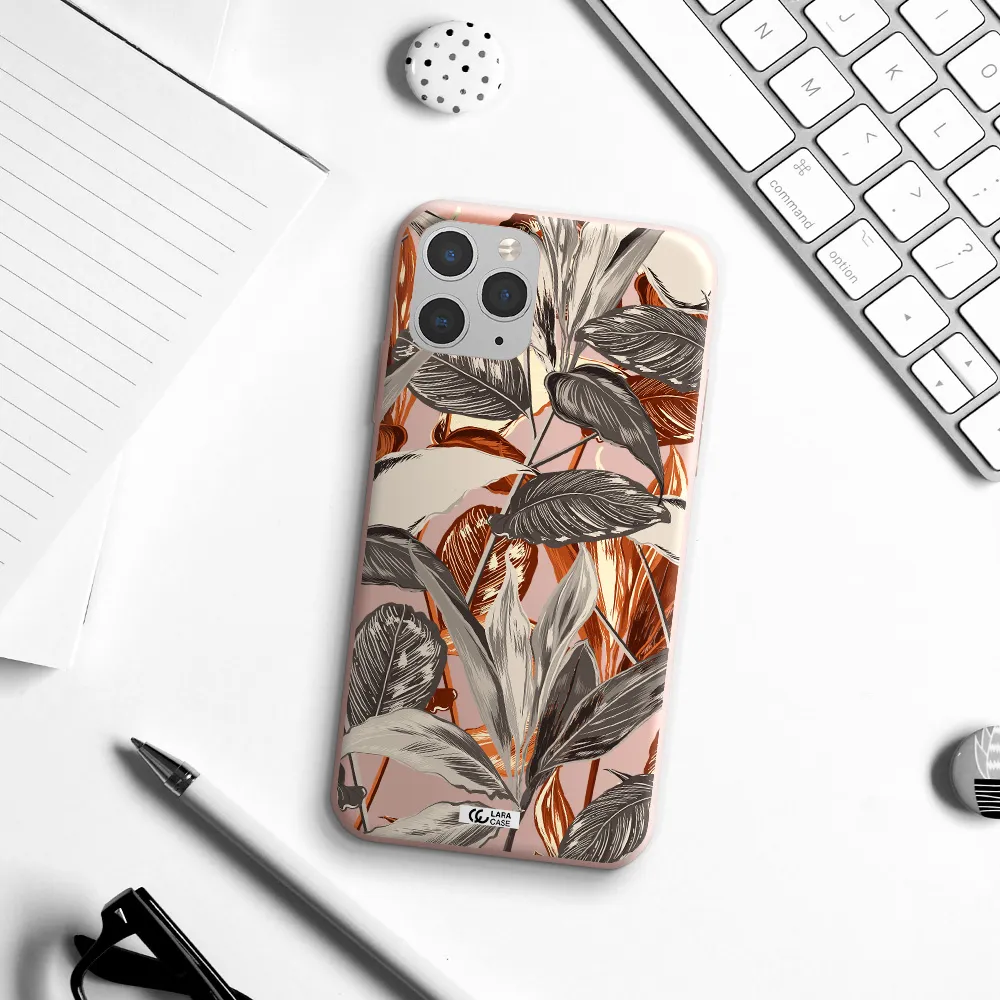 Brown Tropical Leaves Apple iPhone 11 pro max Silicone pastel pink Case