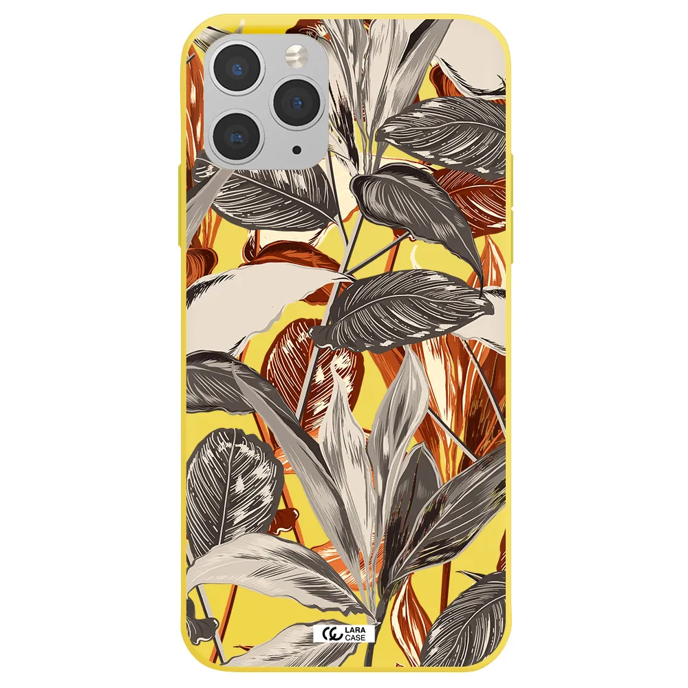 Brown Tropical Leaves Apple iPhone 11 pro Silicone canary yellow Case