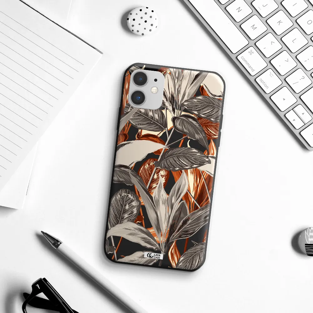 Brown Tropical Leaves Apple iPhone 11 Silicone black Case