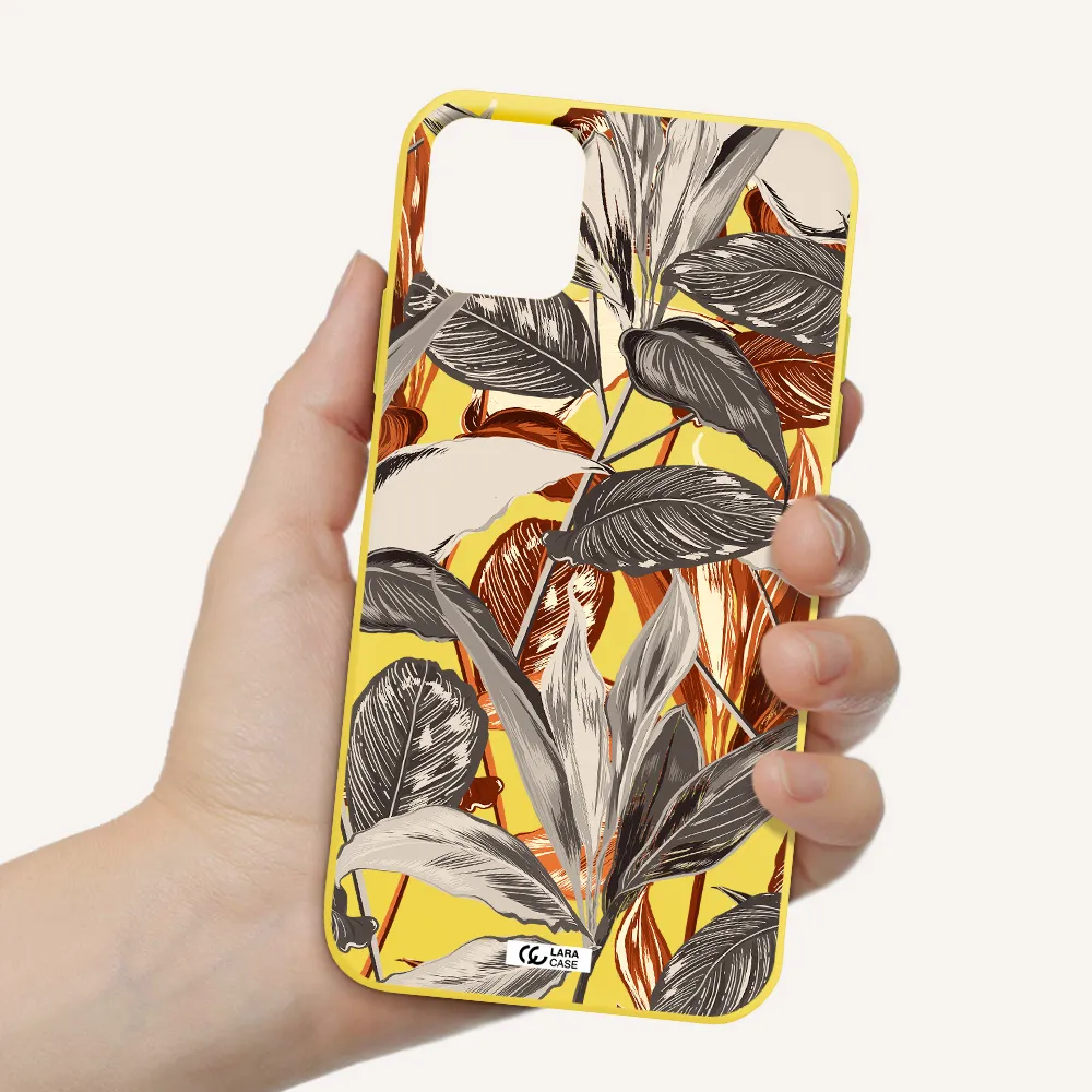 Brown Tropical Leaves Apple iPhone 11 Silicone canary yellow Case