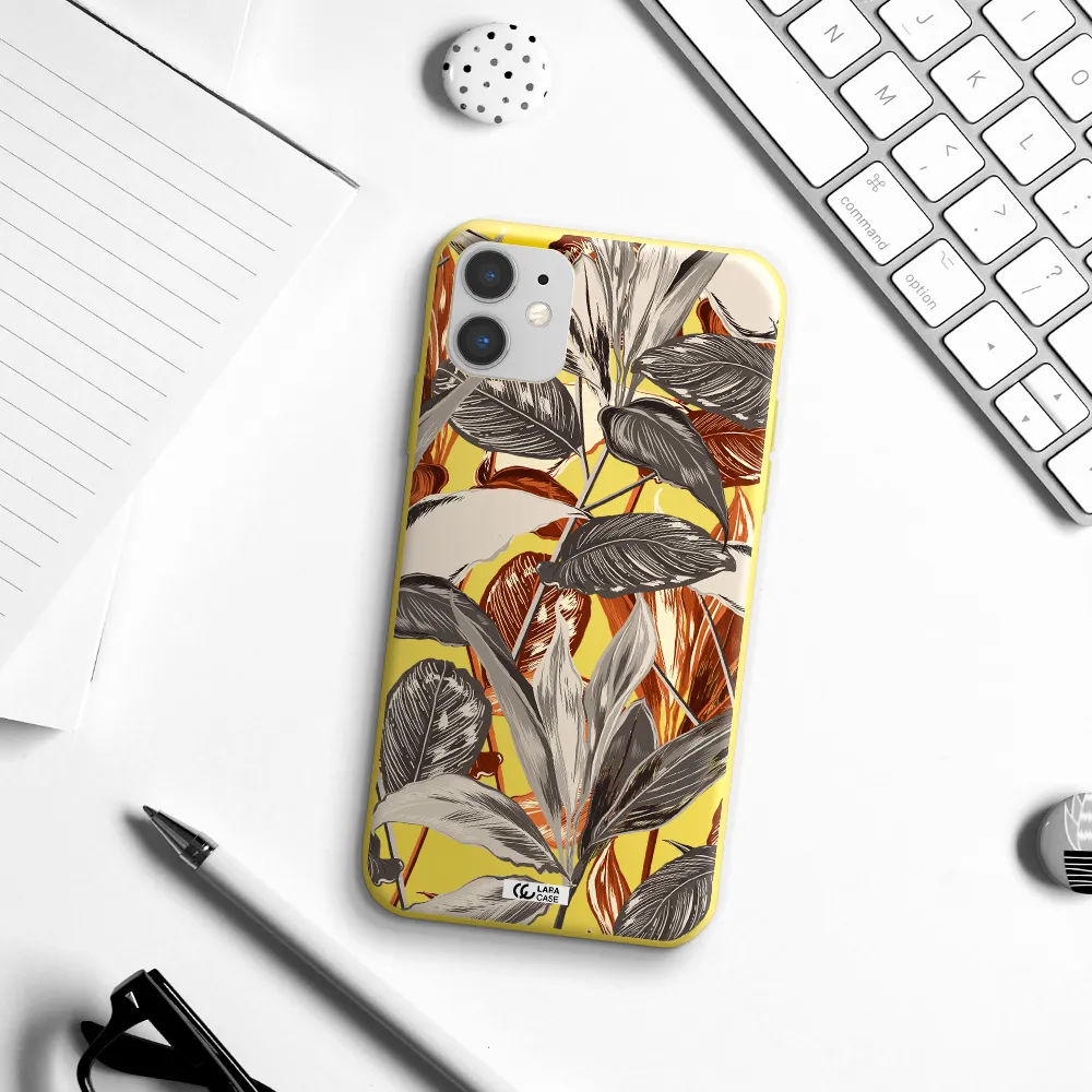 Brown Tropical Leaves Apple iPhone 11 Silicone canary yellow Case