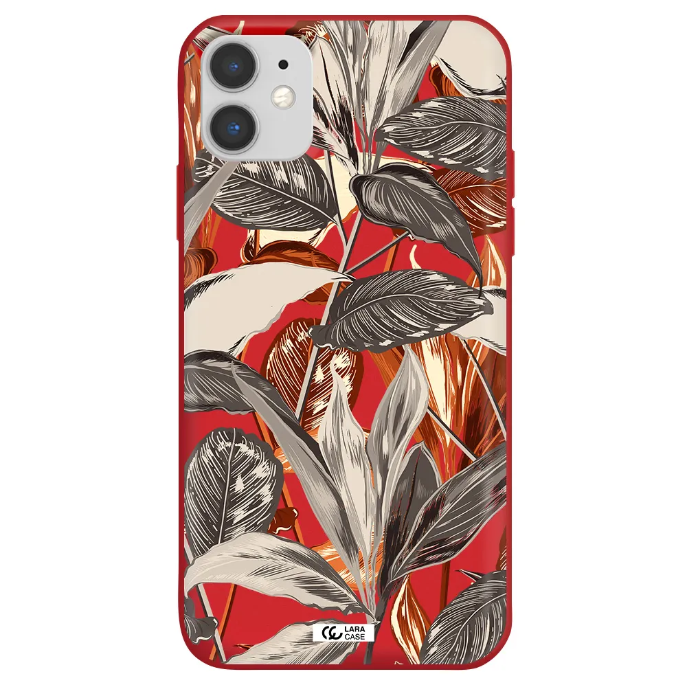 Brown Tropical Leaves Apple iPhone 11 Silicone Imperial Red Case
