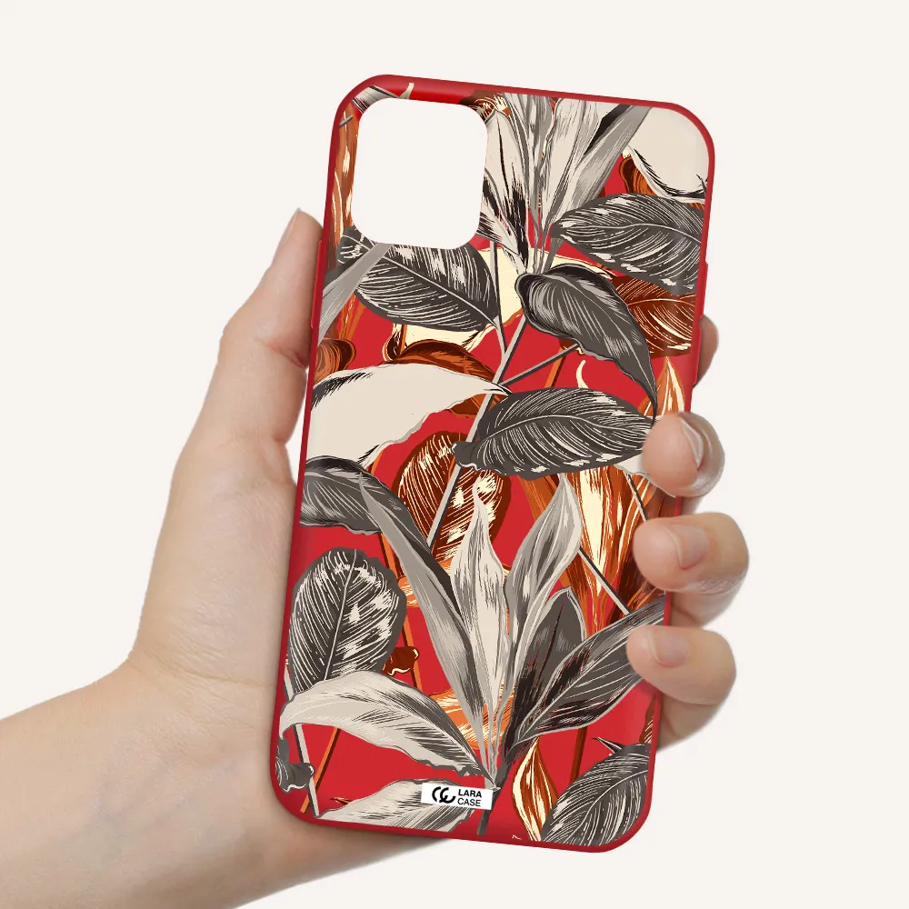 Brown Tropical Leaves Apple iPhone 11 Silicone Imperial Red Case