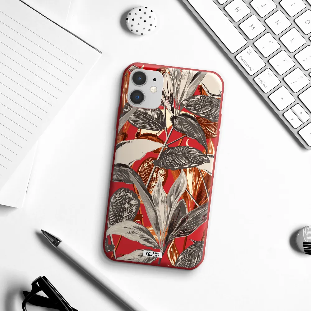 Brown Tropical Leaves Apple iPhone 11 Silicone Imperial Red Case