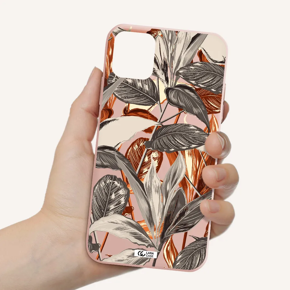 Brown Tropical Leaves Apple iPhone 11 Silicone pastel pink Case