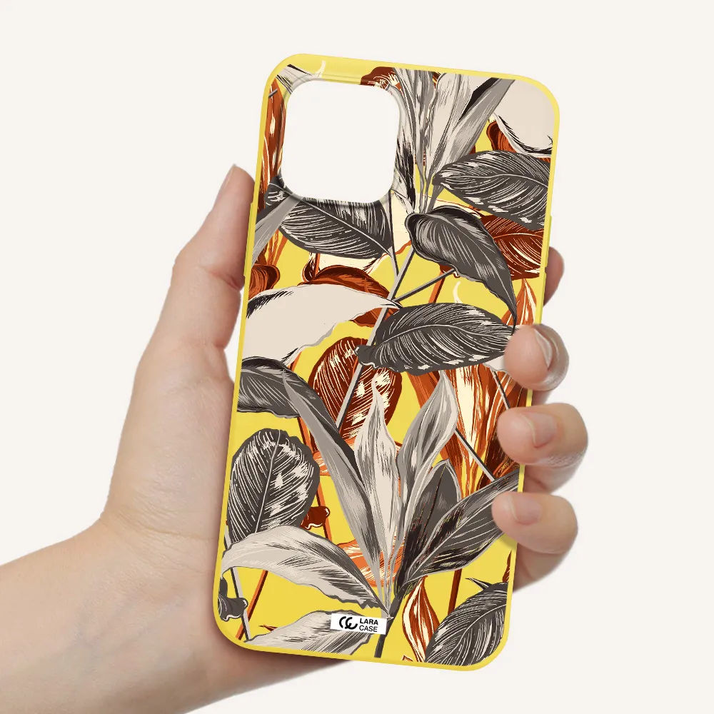 Brown Tropical Leaves Apple iPhone 12 mini Silicone canary yellow Case