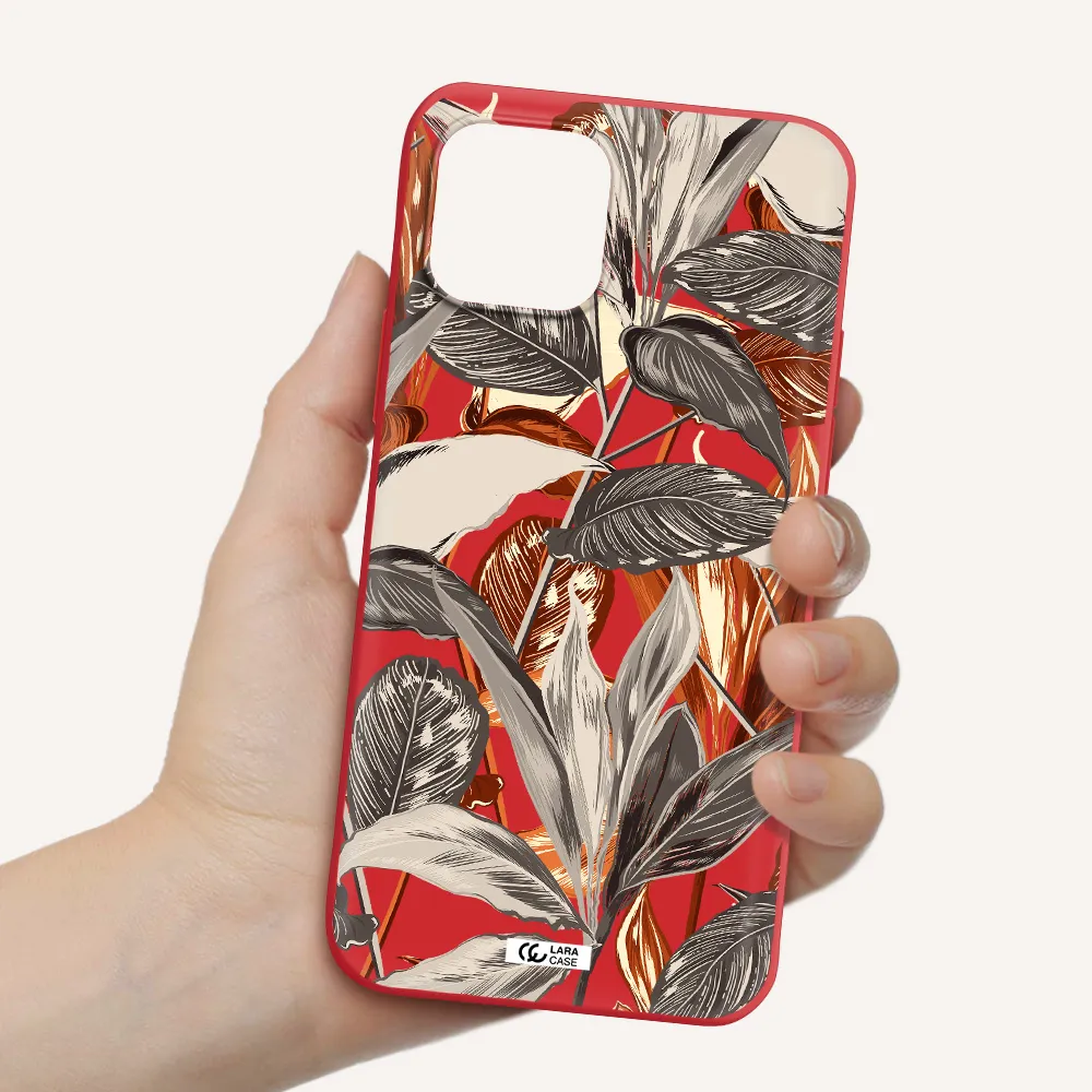 Brown Tropical Leaves Apple iPhone 12 mini Silicone Imperial Red Case