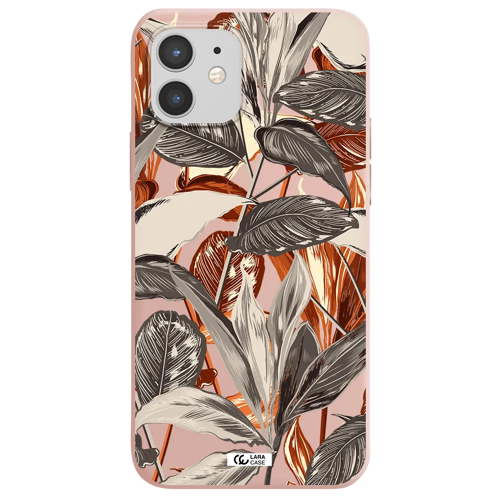 Brown Tropical Leaves Apple iPhone 12 mini Silicone pastel pink Case