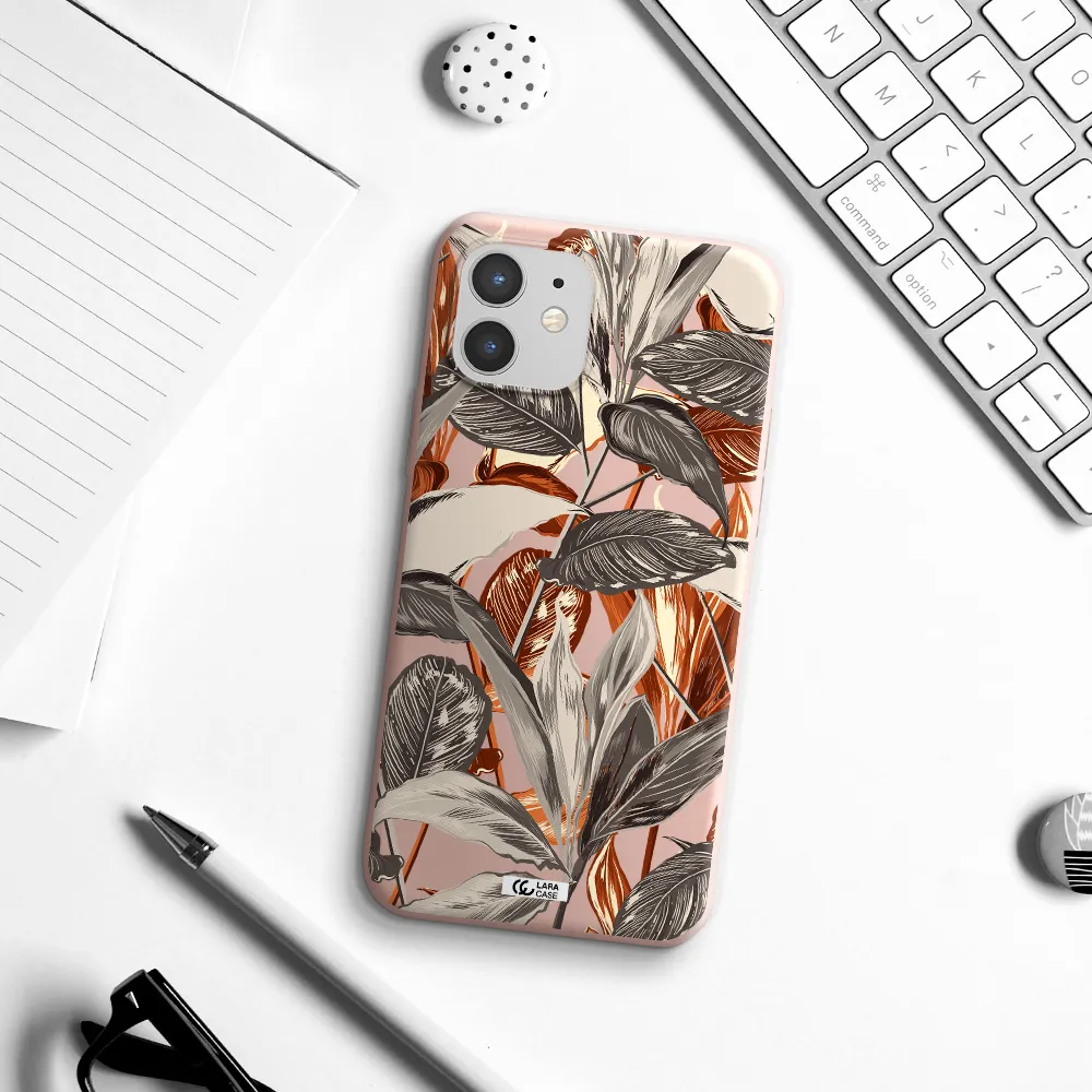 Brown Tropical Leaves Apple iPhone 12 mini Silicone pastel pink Case