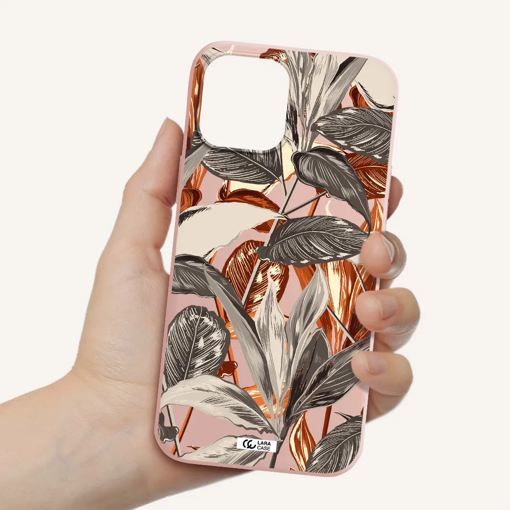Brown Tropical Leaves Apple iPhone 12 pro max Silicone pastel pink Case