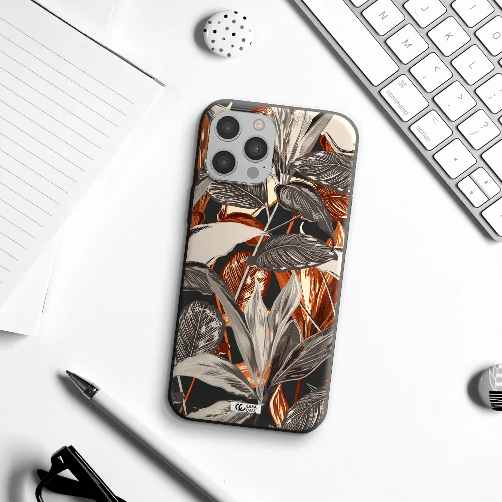 Brown Tropical Leaves Apple iPhone 12 pro Silicone black Case