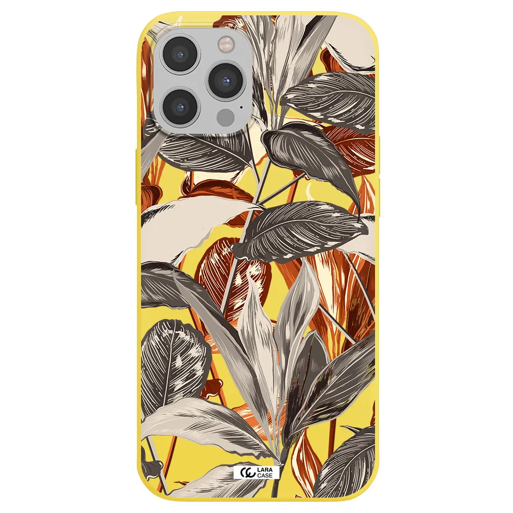 Brown Tropical Leaves Apple iPhone 12 pro Silicone canary yellow Case
