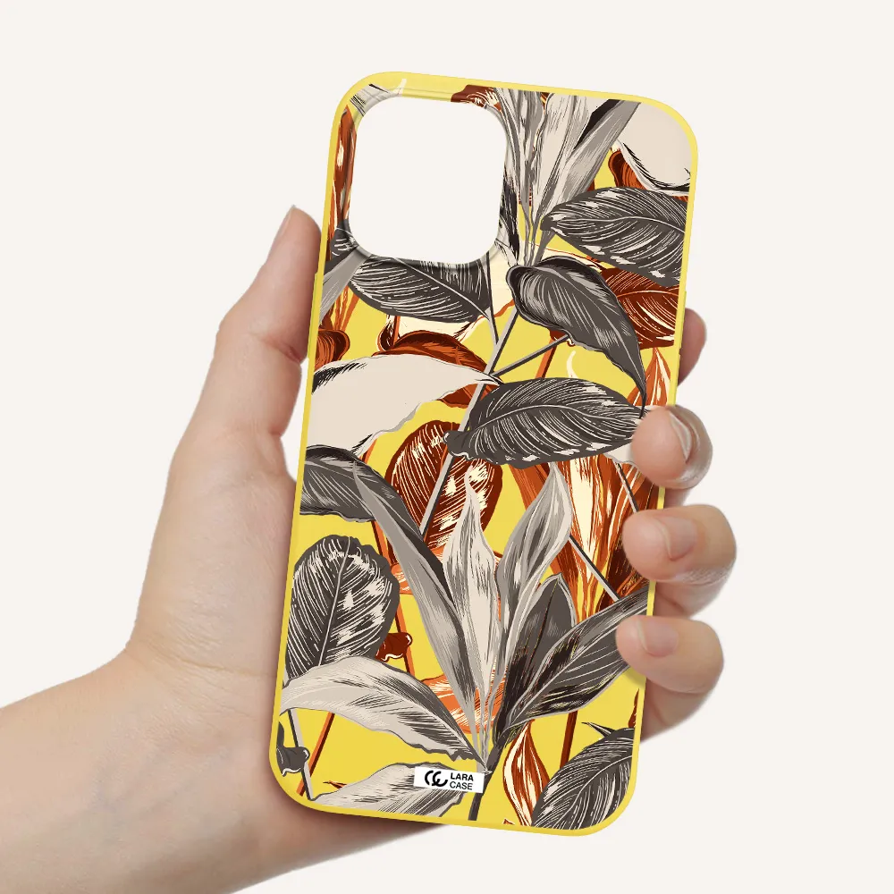 Brown Tropical Leaves Apple iPhone 12 pro Silicone canary yellow Case