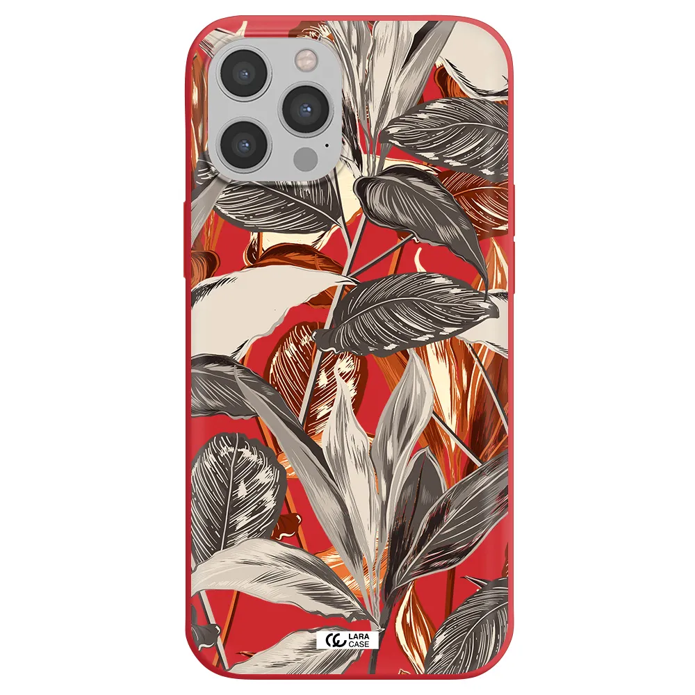 Brown Tropical Leaves Apple iPhone 12 pro Silicone Imperial Red Case