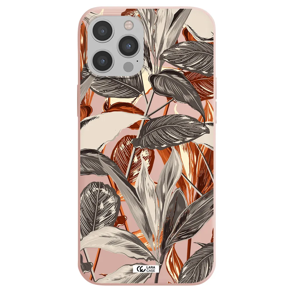 Brown Tropical Leaves Apple iPhone 12 pro Silicone pastel pink Case