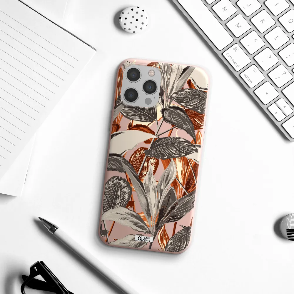Brown Tropical Leaves Apple iPhone 12 pro Silicone pastel pink Case