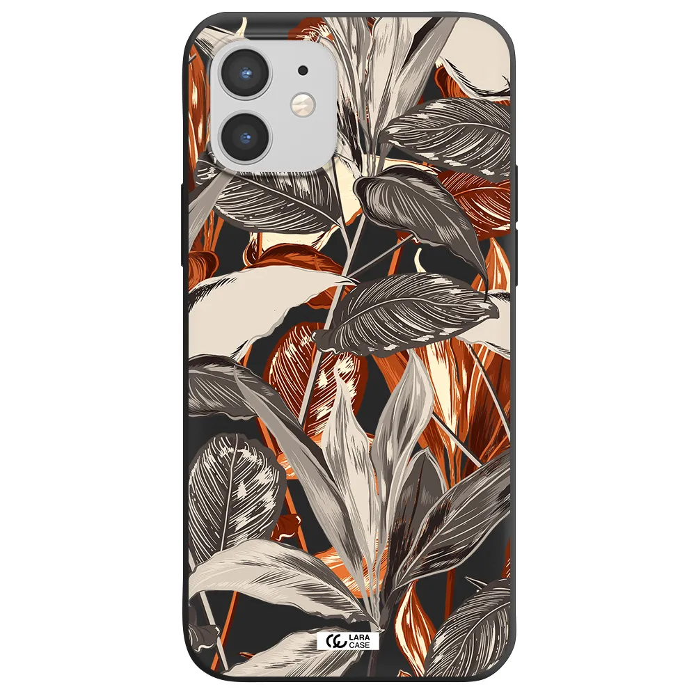 Brown Tropical Leaves Apple iPhone 12 Silicone black Case