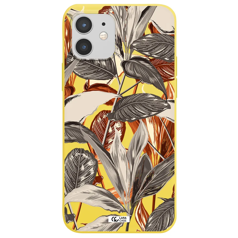 Brown Tropical Leaves Apple iPhone 12 Silicone canary yellow Case