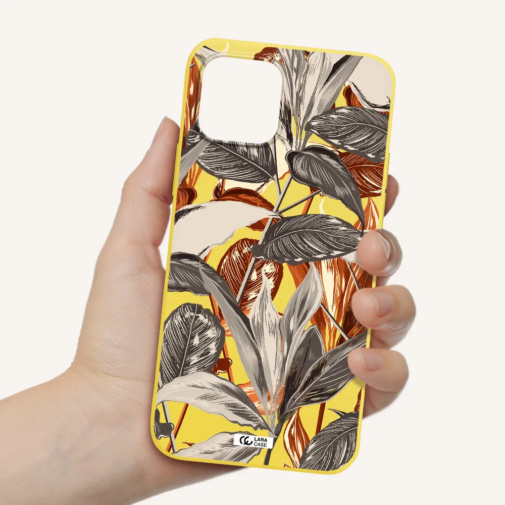 Brown Tropical Leaves Apple iPhone 12 Silicone canary yellow Case