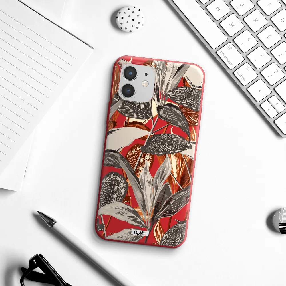Brown Tropical Leaves Apple iPhone 12 Silicone Imperial Red Case