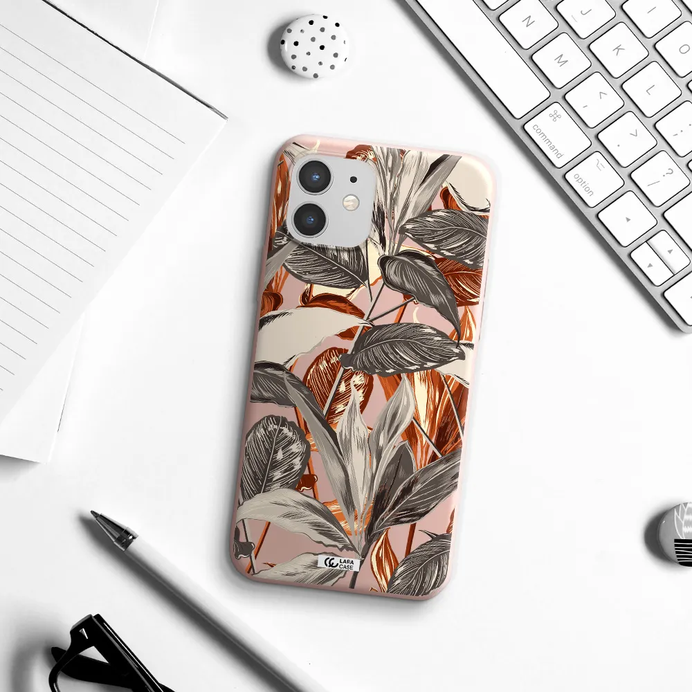 Brown Tropical Leaves Apple iPhone 12 Silicone pastel pink Case
