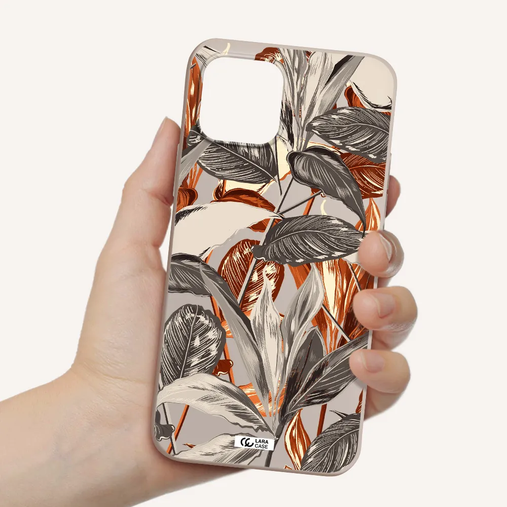 Brown Tropical Leaves Apple iPhone 12 Silicone Stone Case