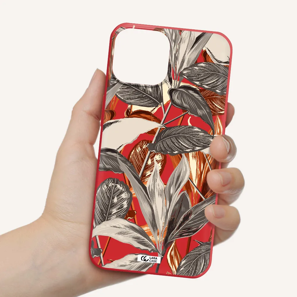 Brown Tropical Leaves Apple iPhone 13 mini Silicone Imperial Red Case