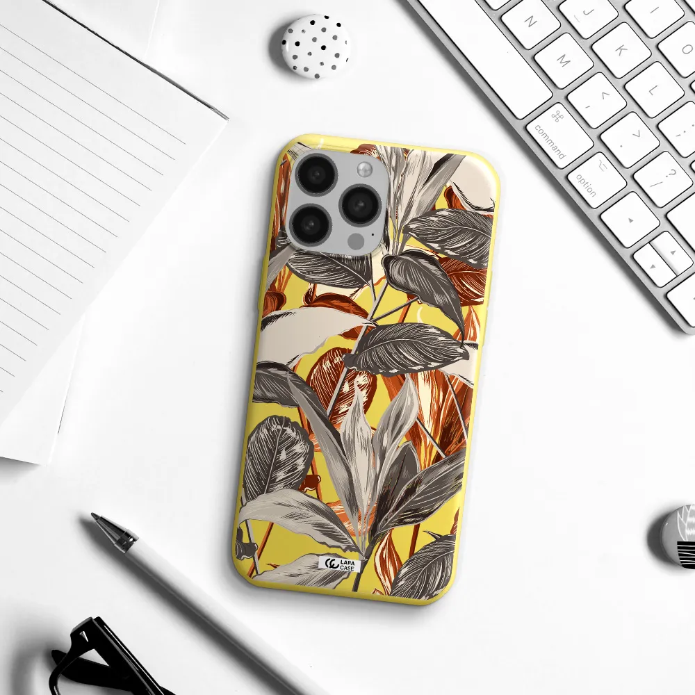 Brown Tropical Leaves Apple iPhone 13 Pro Max Silicone canary yellow Case