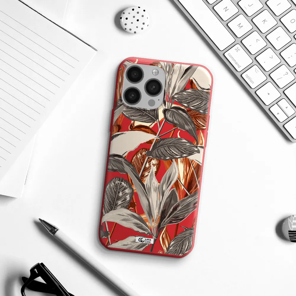 Brown Tropical Leaves Apple iPhone 13 Pro Max Silicone Imperial Red Case