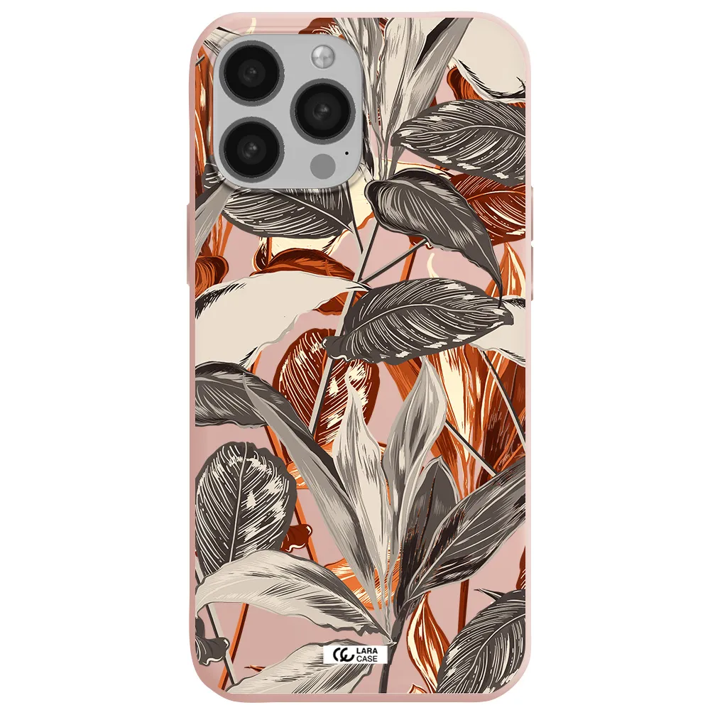 Brown Tropical Leaves Apple iPhone 13 Pro Max Silicone pastel pink Case