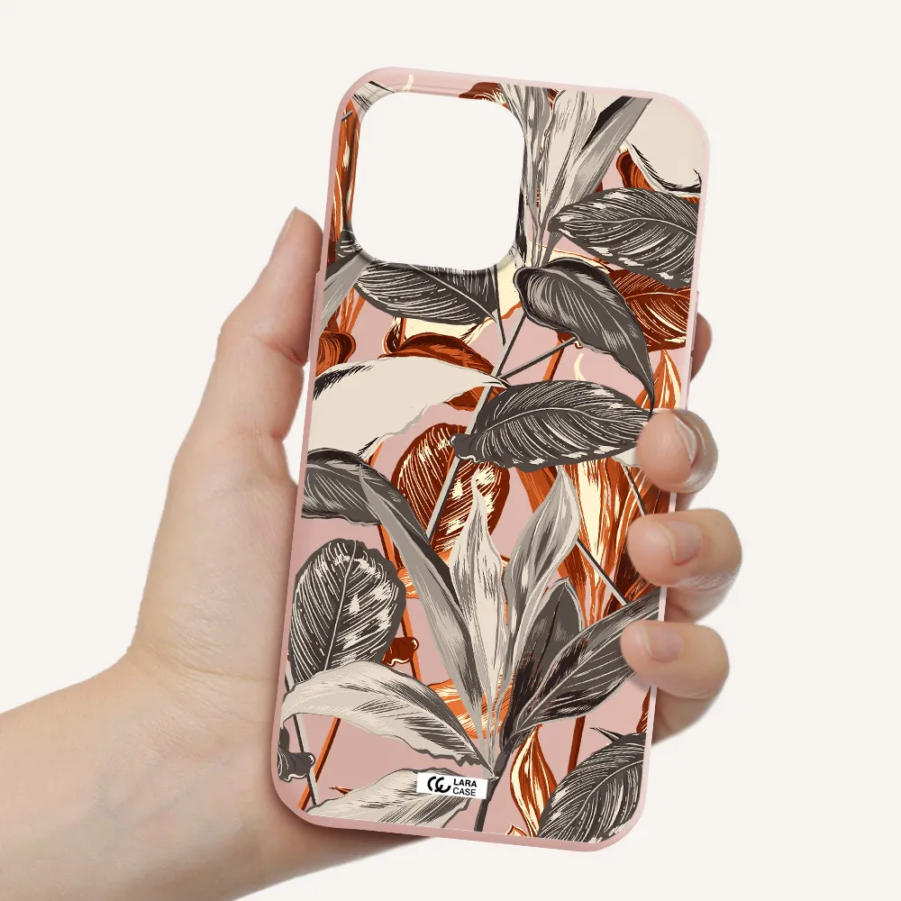 Brown Tropical Leaves Apple iPhone 13 Pro Max Silicone pastel pink Case