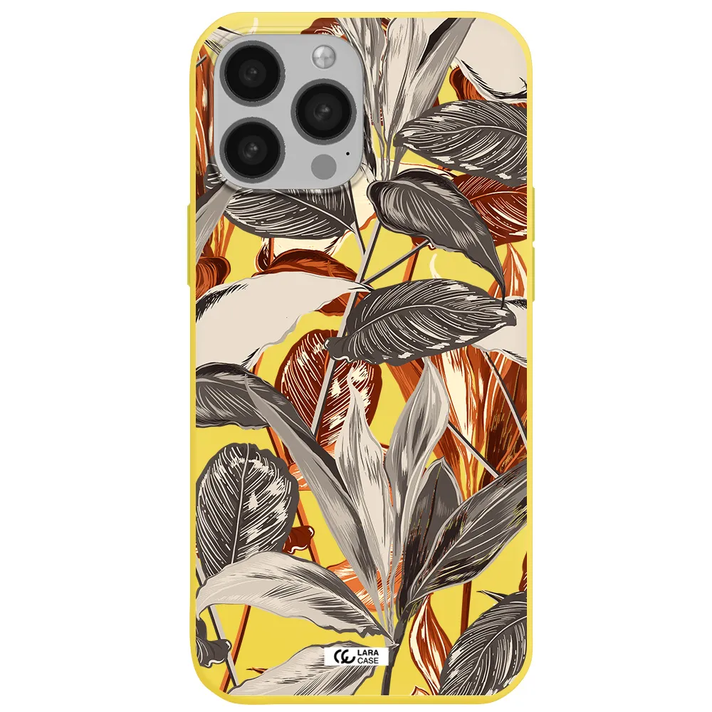Brown Tropical Leaves Apple iPhone 13 Pro Silicone canary yellow Case