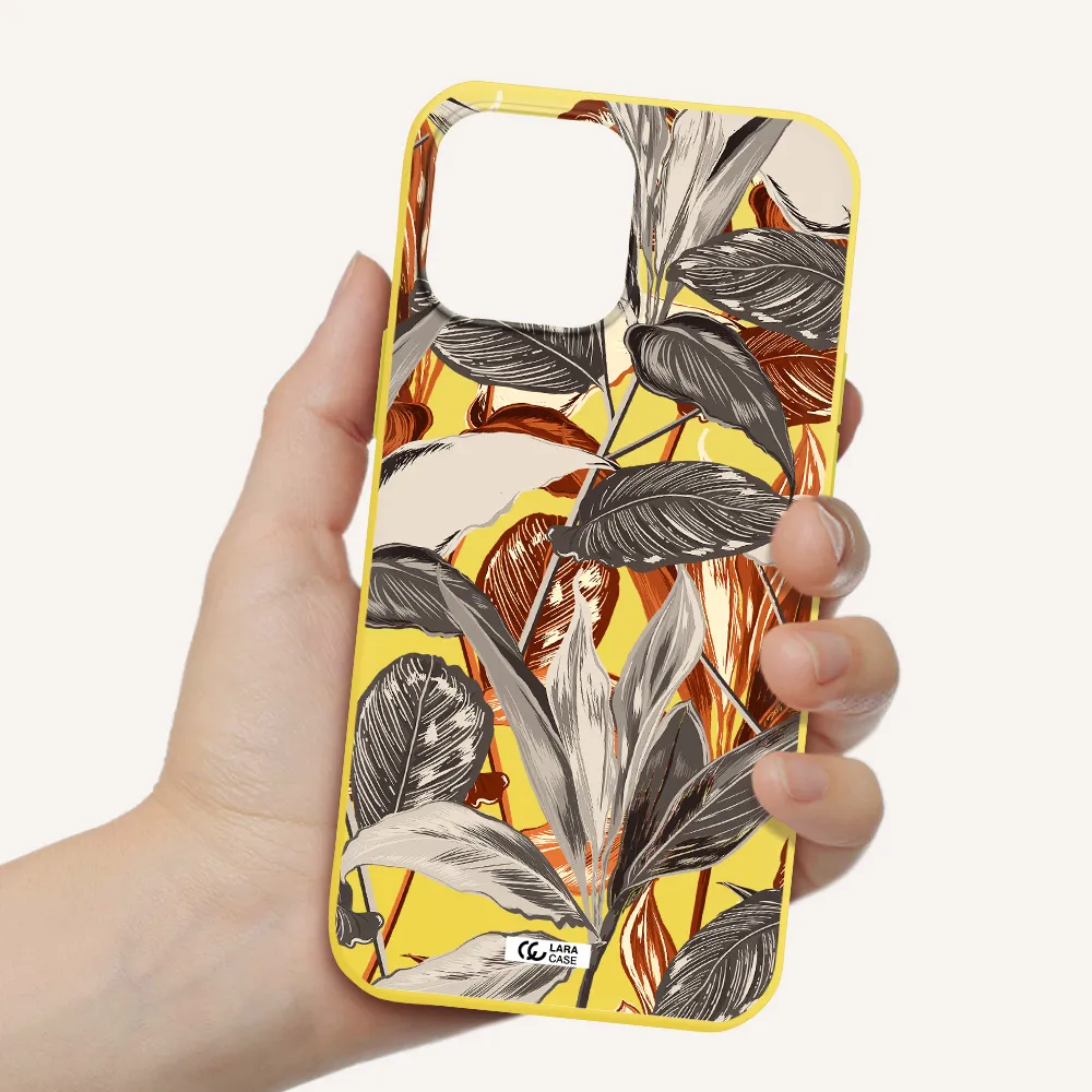 Brown Tropical Leaves Apple iPhone 13 Pro Silicone canary yellow Case