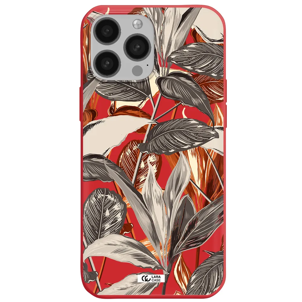 Brown Tropical Leaves Apple iPhone 13 Pro Silicone Imperial Red Case
