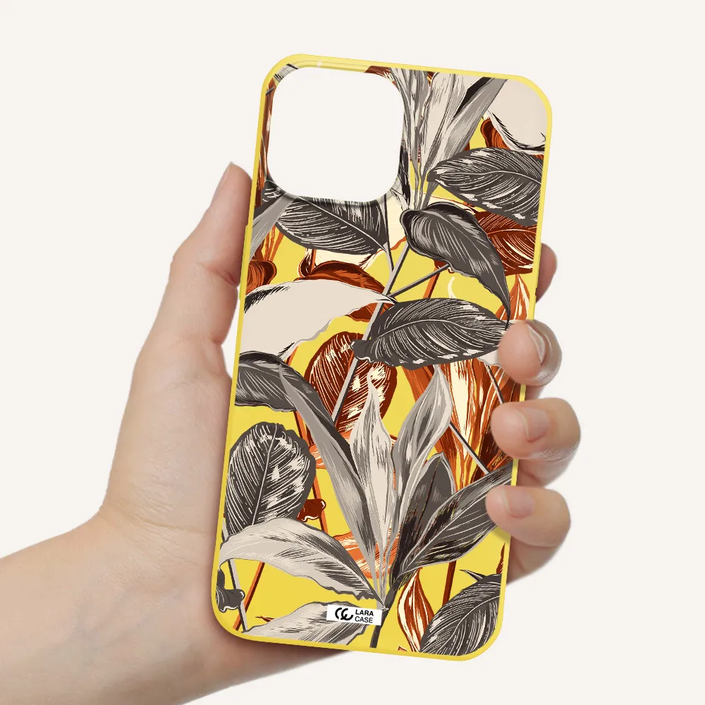 Brown Tropical Leaves Apple iPhone 13 Silicone canary yellow Case
