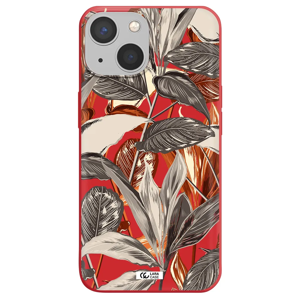 Brown Tropical Leaves Apple iPhone 13 Silicone Imperial Red Case