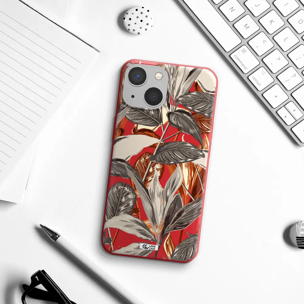 Brown Tropical Leaves Apple iPhone 13 Silicone Imperial Red Case