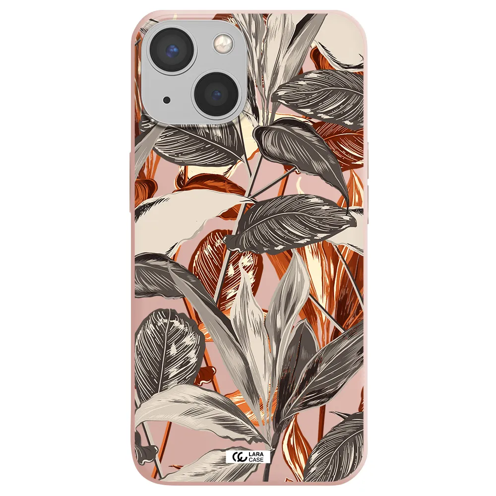 Brown Tropical Leaves Apple iPhone 13 Silicone pastel pink Case