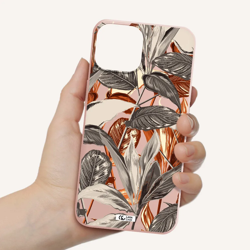 Brown Tropical Leaves Apple iPhone 13 Silicone pastel pink Case