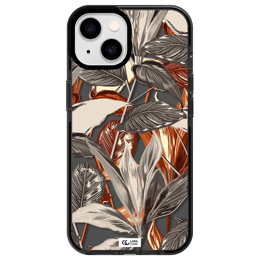 Brown Tropical Leaves Apple iPhone 14 impact Smoke Black Case