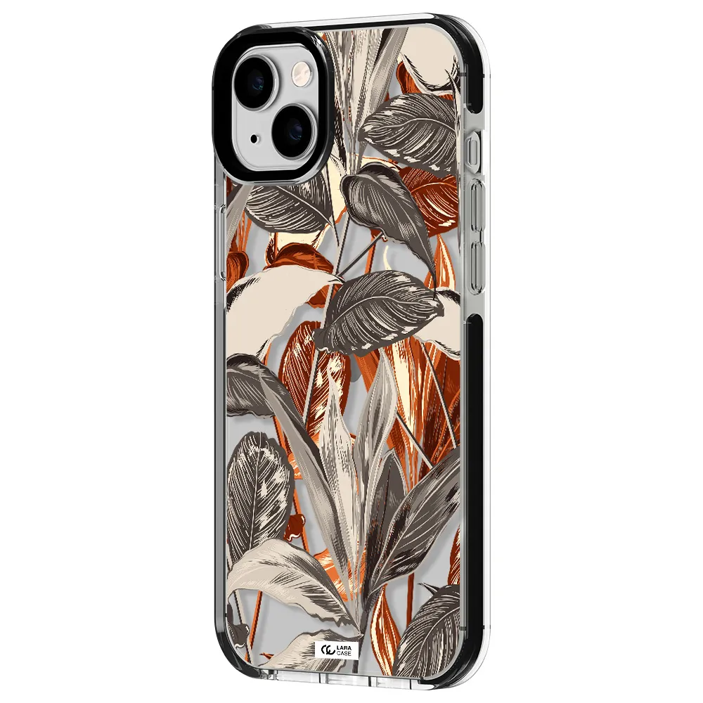 Brown Tropical Leaves Apple iPhone 14 plus impact black border Case